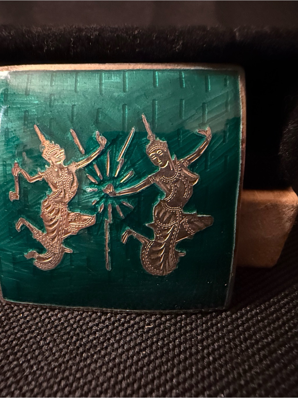 Green Enamel Siam Sterling Silver Brooch With Dancing Figures